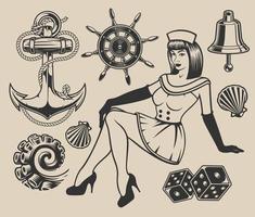 Set with pin-up girl and elements for design vector