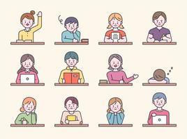 Students sitting at desks in school class. vector