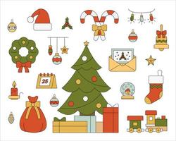 árbol de Navidad y adornos navideños circundantes. vector