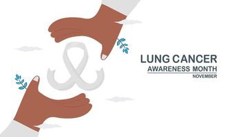 Lung cancer awareness month, November. White ribbon is among hands. Graphic for banner, poster, background and advertisments. Flat vector illustration isolated on white background.