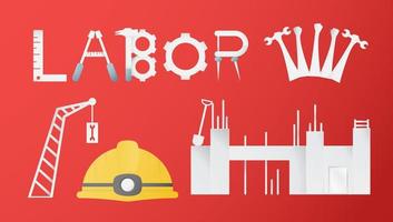 Decoration elements of Labor day for banner, poster, cover, advertisement, website. Vector illustration in paper cut and craft style on red background.