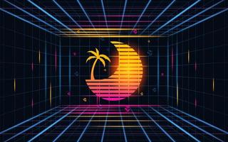 Futuristic grid sunset with coconut tree. Future theme concept background. vector
