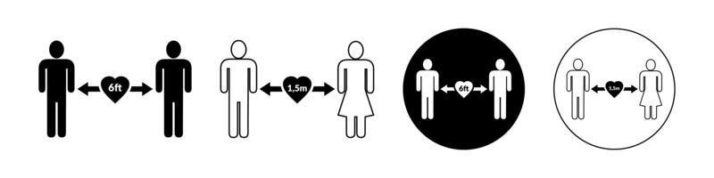 Social distancing set of icons. Simple man or woman black and white silhouettes with arrow distance between. Can be used during coronavirus covid-19 outbreak prevention.