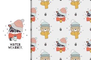 Cartoon animal in winter wears a knitted hat and scarf. Raccoon and bear characters. Winter card and seamless background pattern. vector