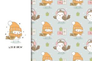 Cute cartoon bird in knitted hat and scarf. Christmas card and seamless background pattern. vector