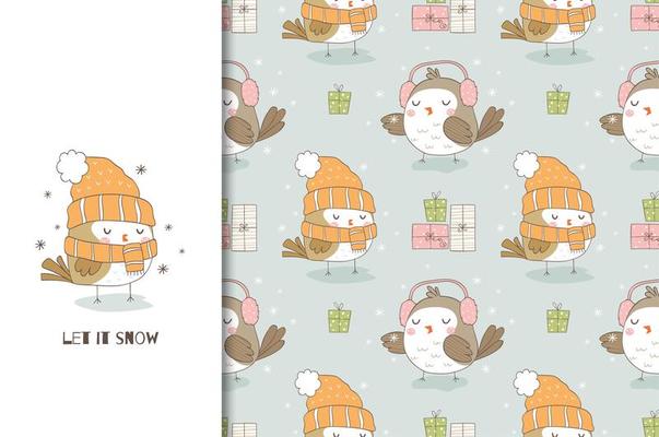 Cute cartoon bird in knitted hat and scarf. Christmas card and seamless background pattern.