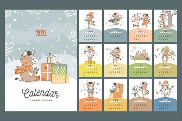 Hand drawn cartoon style calendar 2021 with bull symbol of the year. Monthly bulls for all seasons. Poster for print.