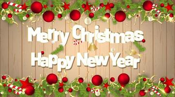 Vector of Merry Christmas and Happy New Year text with a background of wood texture