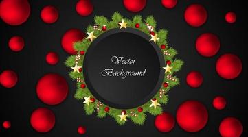Christmas vector background. Black circle for text. Wreath with red balls, candies, stars.
