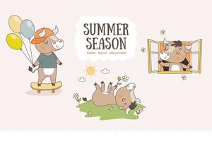 Cute cartoon bulls collection. Summer season characters stickers. vector