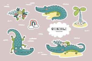 Cartoon crocodile doodles collection. Jungle animals character. vector