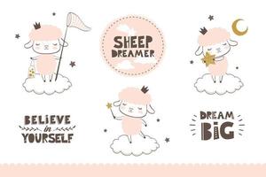 Cute Little baby sheep princess character collection. Hand drawn surface design vector illustration.