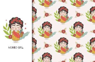 Mexican girl character and seamless pattern. vector