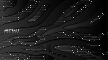 Fondo de tecnología negro. decoración de piezas de papel con textura abstracta realista con capas onduladas y puntos y líneas de conexión. ilustración vectorial. plantilla de diseño de portada. vector