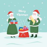 Mr. and Mrs. Santa Clause putting the gifts into Santa's sack. vector