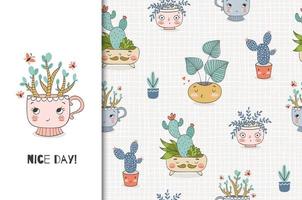 Cute cartoon plants in the pot. Card and seamless background pattern set. vector