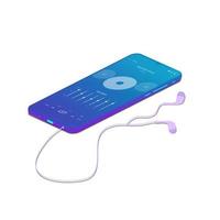 Isometric music on mobile phone with earphone isolated white background. Music player on mobile phone vector
