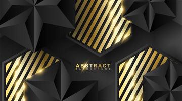 Abstract geometric background. 3D vector illustration. Triangle or black pyramid shape. Hexagons with a golden stripe pattern.