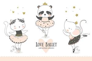 Cute cartoon baby animal ballerina collection. Cat, panda, mouse dancing characters. vector