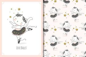 Cute little baby cat ballerina dancer character. Kitty card and seamless background pattern set. vector