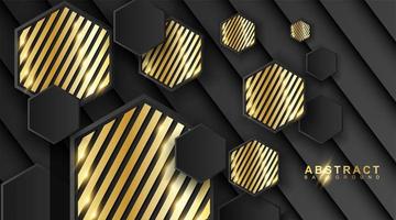 Abstract geometric background. 3D vector illustration. Triangle or black pyramid shape. Hexagons with a golden stripe pattern.
