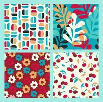 Abstract collection of seamless patterns with flowers, cherry and leaves and geometric shapes vector