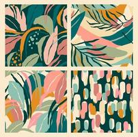 Abstract collection of seamless patterns with leaves and geometric shapes. vector