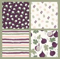 Abstract collection of seamless patterns with flowers, figs, stripes and geometric shapes. Modern design vector