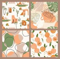 Abstract collection of seamless patterns with apricots, landscape, leaves and geometric shapes. Modern design vector