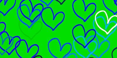 Light Blue, Green vector background with Shining hearts.