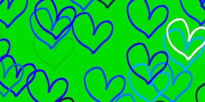 Fondo de vector azul claro, verde con corazones brillantes.