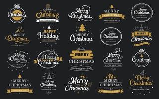 Merry Christmas and happy new year typography label with symbols design set vector