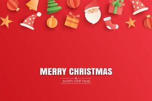 Merry christmas and happy new year red greeting card in paper art banner template. Use for poster, cover, flyer. vector