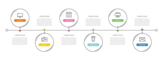 Plantilla de infografías de línea de tiempo de datos de 6 círculos con diseño de línea delgada vector