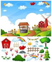 Farm scene with isolated cartoon character and objects vector