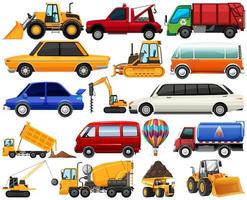 Conjunto de diferentes tipos de automóviles y camiones aislado sobre fondo blanco.