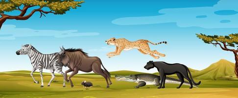 Grupo de animales salvajes africanos en la escena del bosque vector