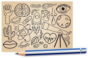 Different doodle strokes about science equipment on a paper with a pencil vector