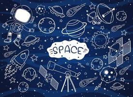 Set of space element doodle isolated on galaxy background vector