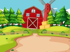 Background scene with red barn and windmill in the farm vector