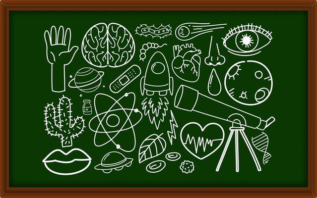 Different doodle strokes about science equipment on chalkboard