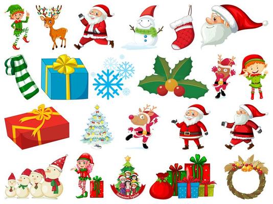 Set of Santa Claus cartoon character and Christmas objects isolated on white background