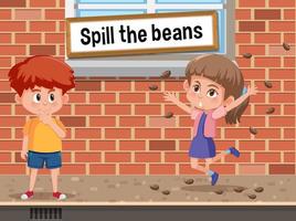 Modismo en inglés con descripción de imagen para spill the beans vector