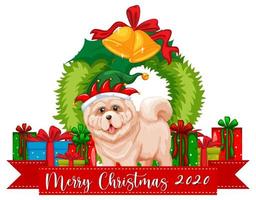 Merry Christmas 2020 font banner with cute dog and many gifts on white background vector