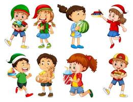 Set of different kid playing with their toys cartoon character isolated on white background vector