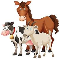 Grupo de animales de granja caballo, vaca y oveja aislado sobre fondo blanco. vector