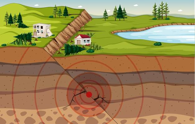 Nature landscape with land subsidence and soil layers scene