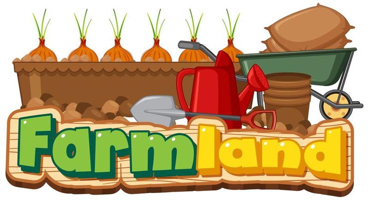 Farmland logo or banner with gardening tools isolated on white background