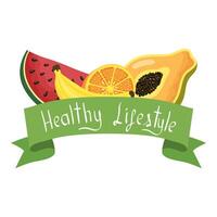 healthy lifestyle ribbon with lettering and set icons vector