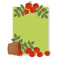 Manzanas de otoño en canasta de mimbre con decoración de hojas vector